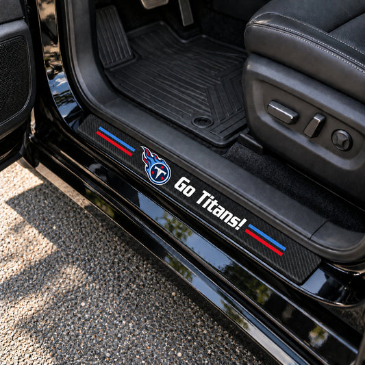 Tennessee Titans carbon fiber texture car door sill protector strips installed on a black car