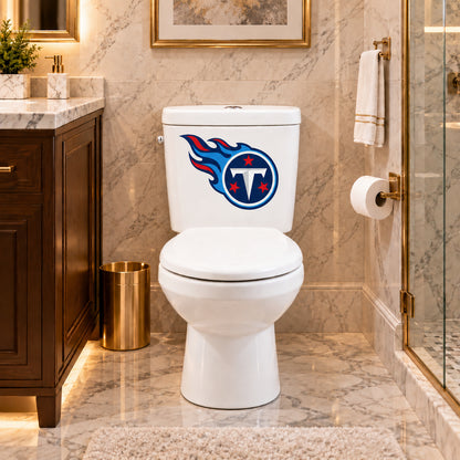 Tennessee Titans decorative sticker on a white toilet tank in a marble bathroom