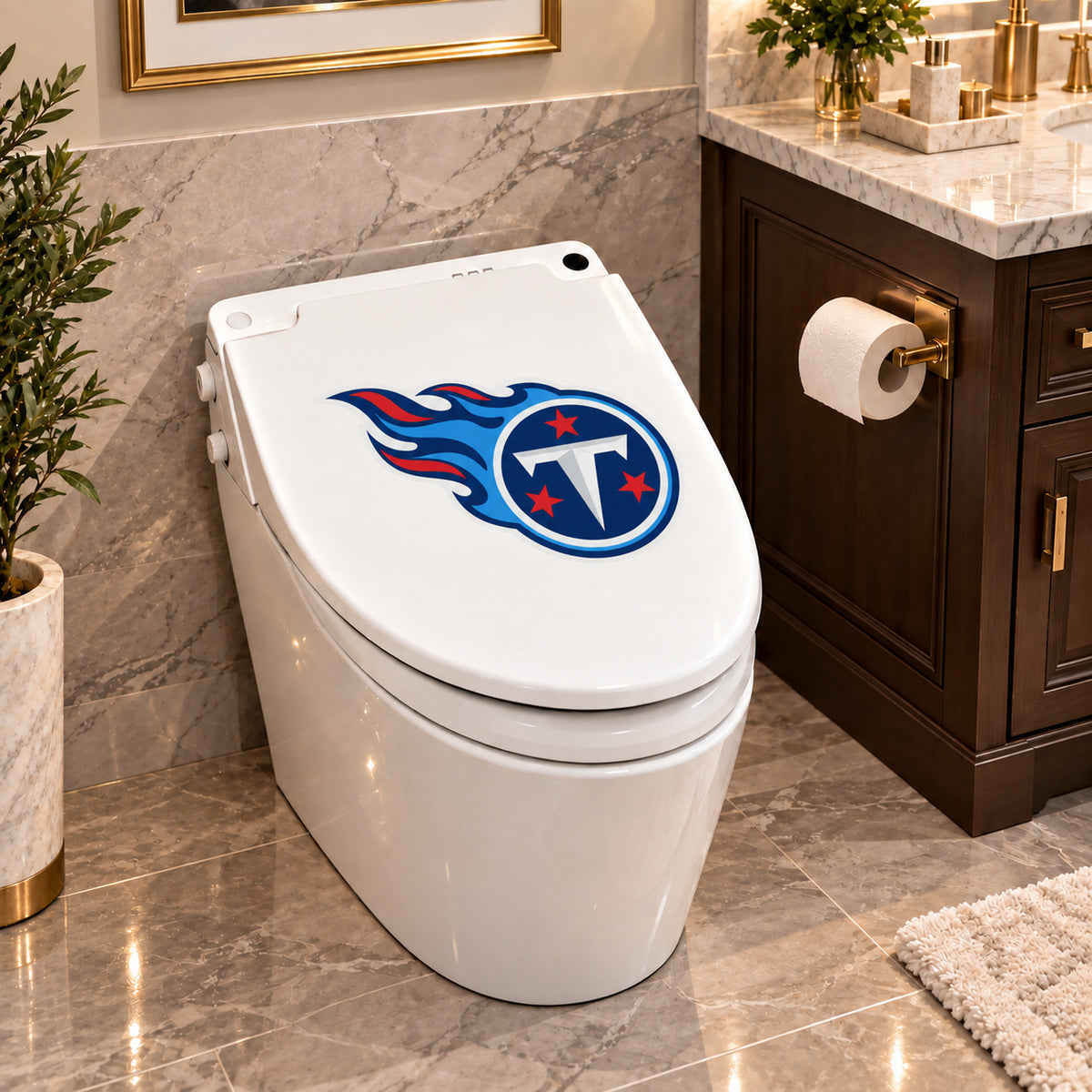 Tennessee Titans decorative sticker on a closed white toilet lid in a marble bathroom