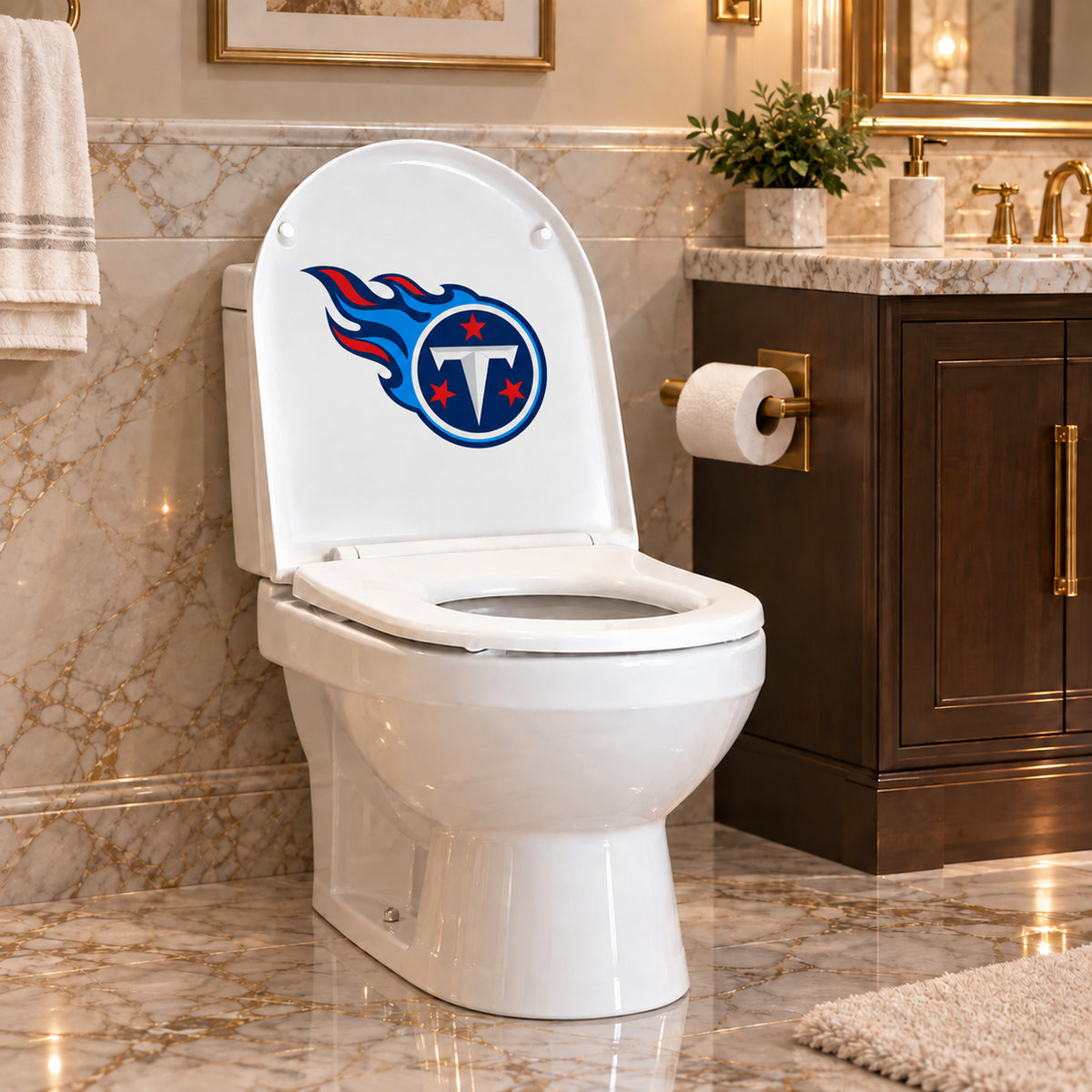 Tennessee Titans decorative sticker on the inside of a white toilet lid in a marble bathroom