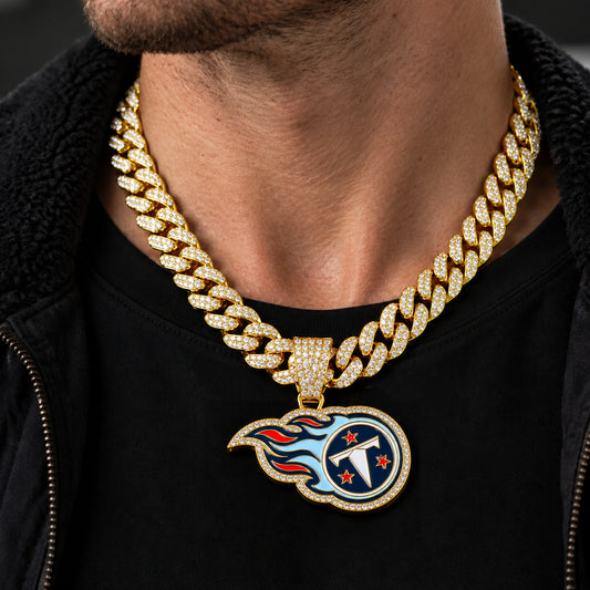 Tennessee Titans gold-tone rhinestone Cuban-link necklace, worn view