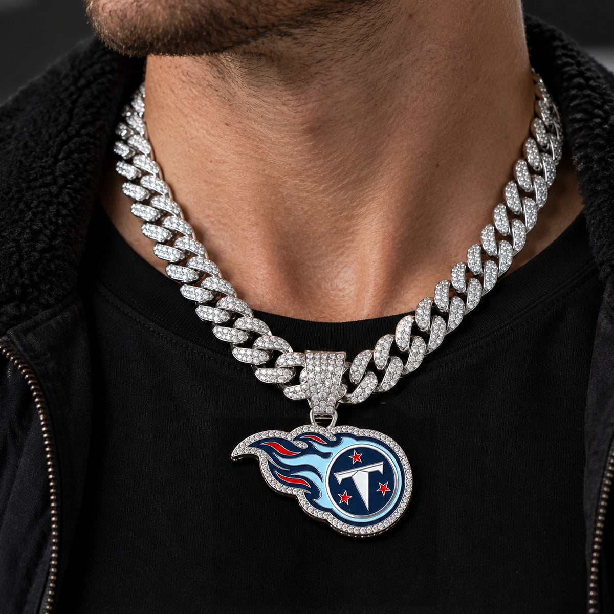 Tennessee Titans silver-tone rhinestone Cuban-link necklace, worn view