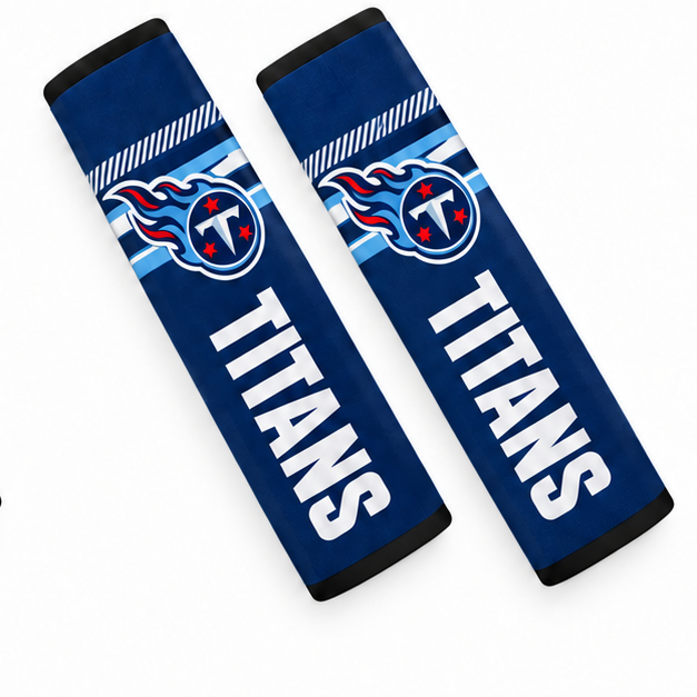 Pair of Tennessee Titans seat belt and backpack shoulder strap covers on a white background