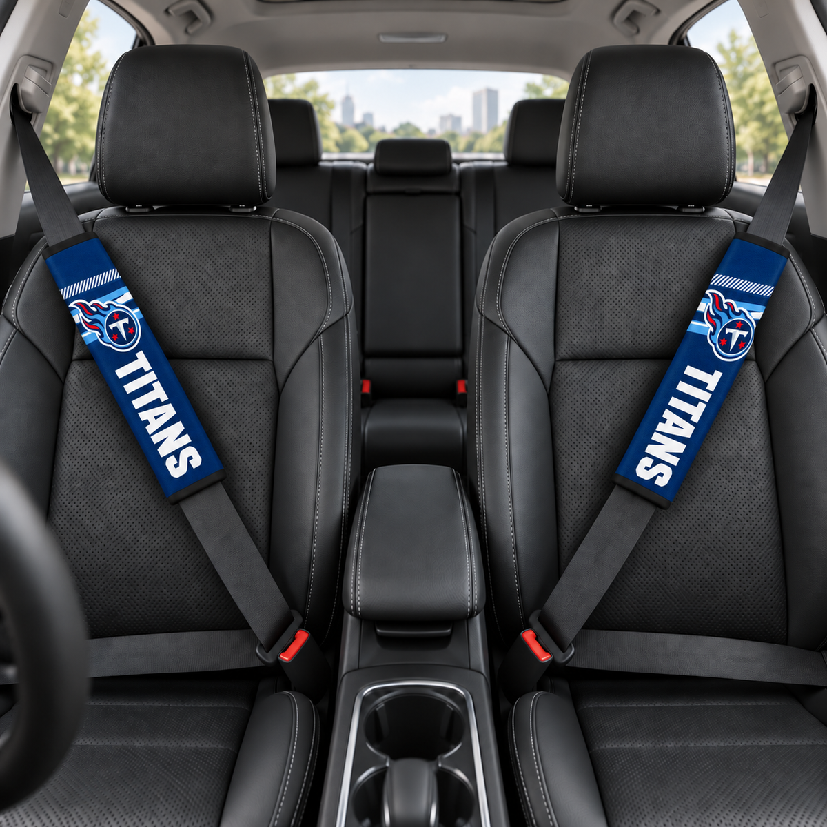 Tennessee Titans car seat belt covers shown on two front seat belts