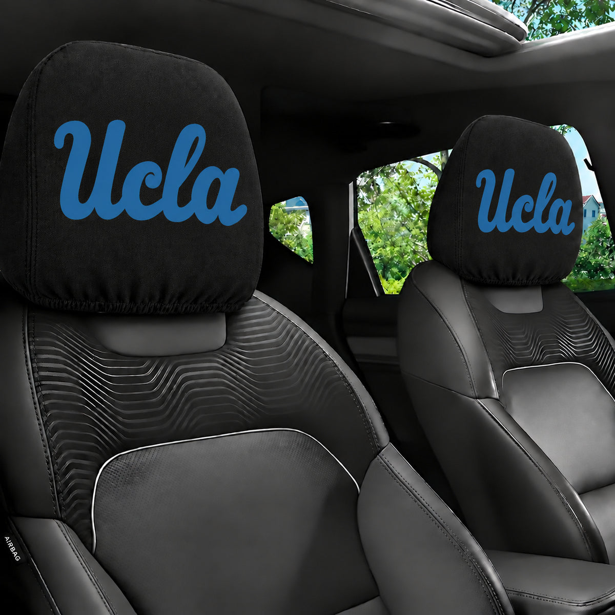 UCLA Bruins car headrest cover, Style 1 team design, installed in car
