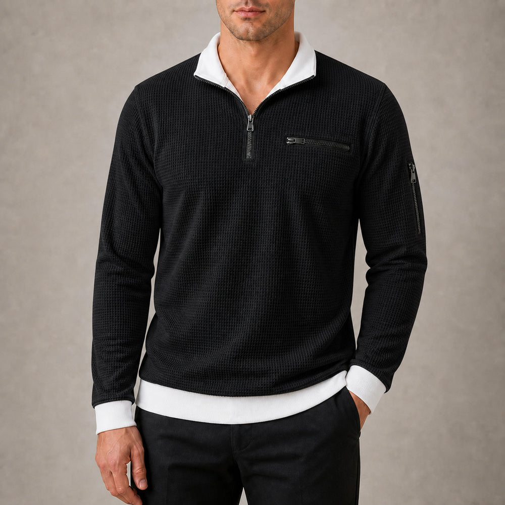 Vantage men's black waffle quarter-zip utility polo try-on