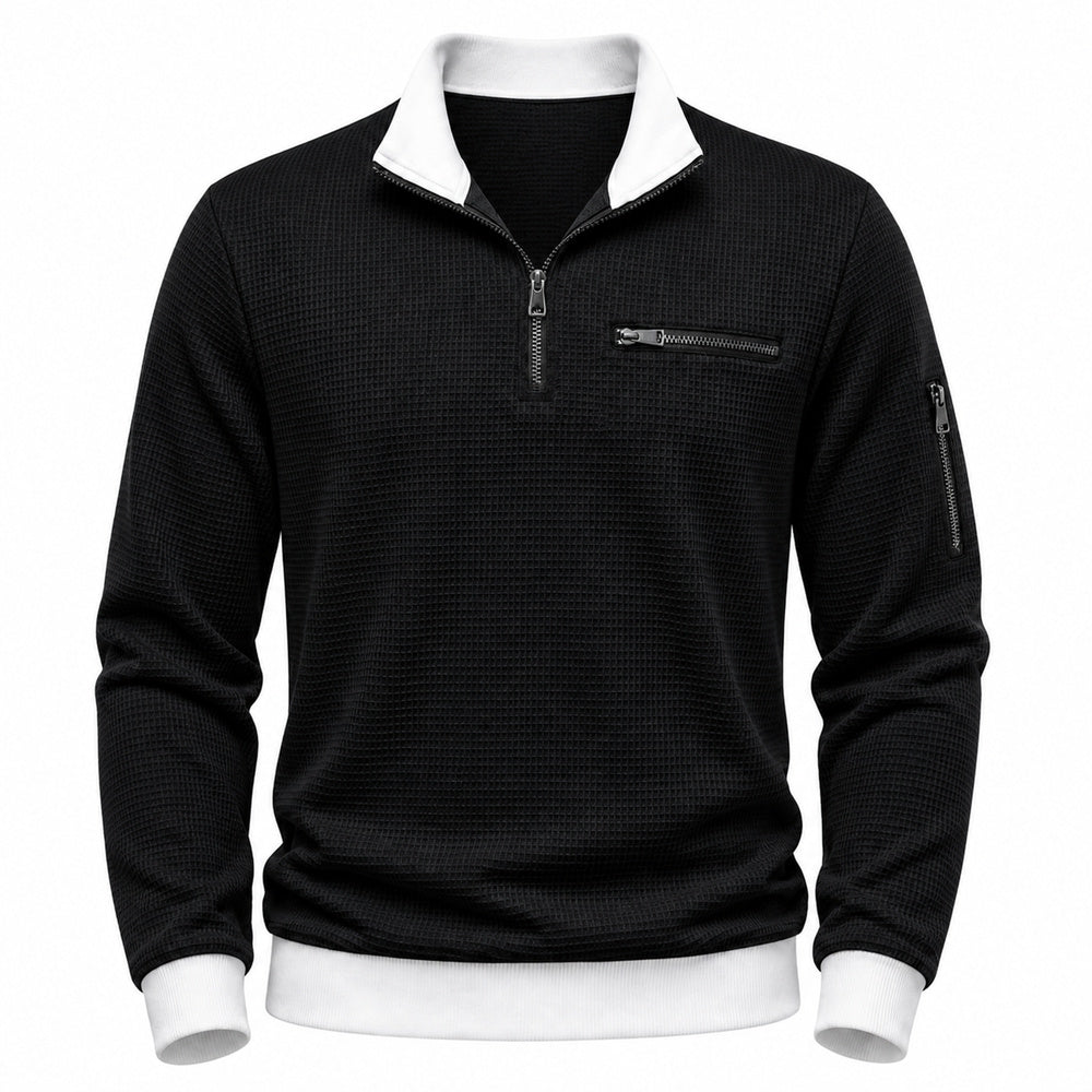 Vantage men's black waffle quarter-zip utility polo front view