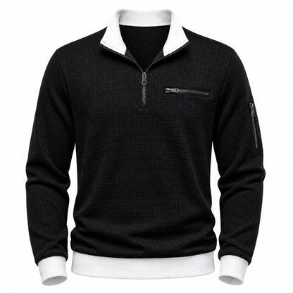 Vantage men's black waffle quarter-zip utility polo front view