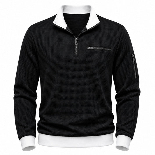 Vantage men's black waffle quarter-zip utility polo front view