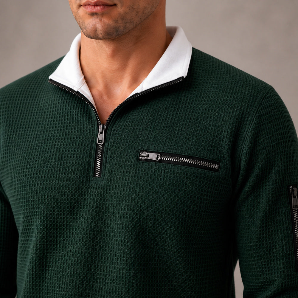 Vantage forest green waffle texture and utility zipper details