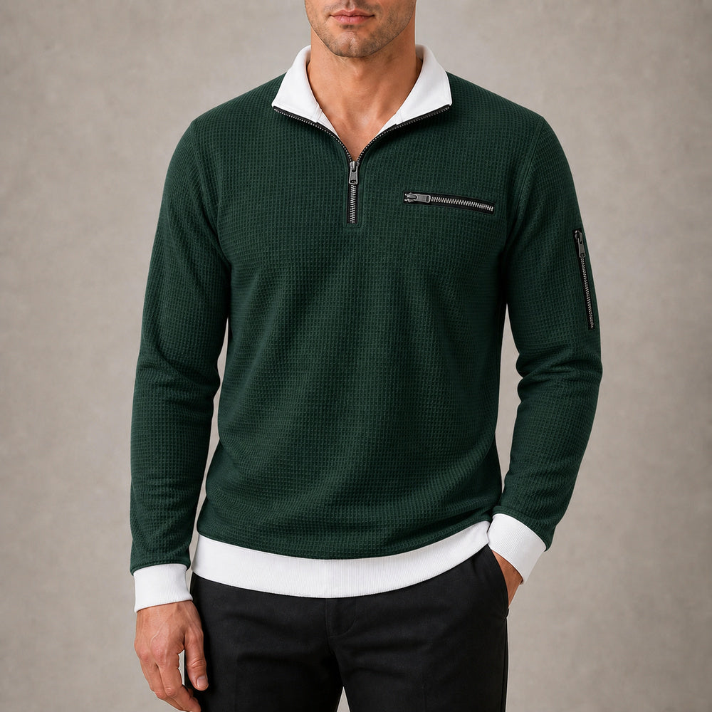 Vantage men's forest green waffle quarter-zip utility polo try-on