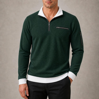 Vantage men's forest green waffle quarter-zip utility polo try-on