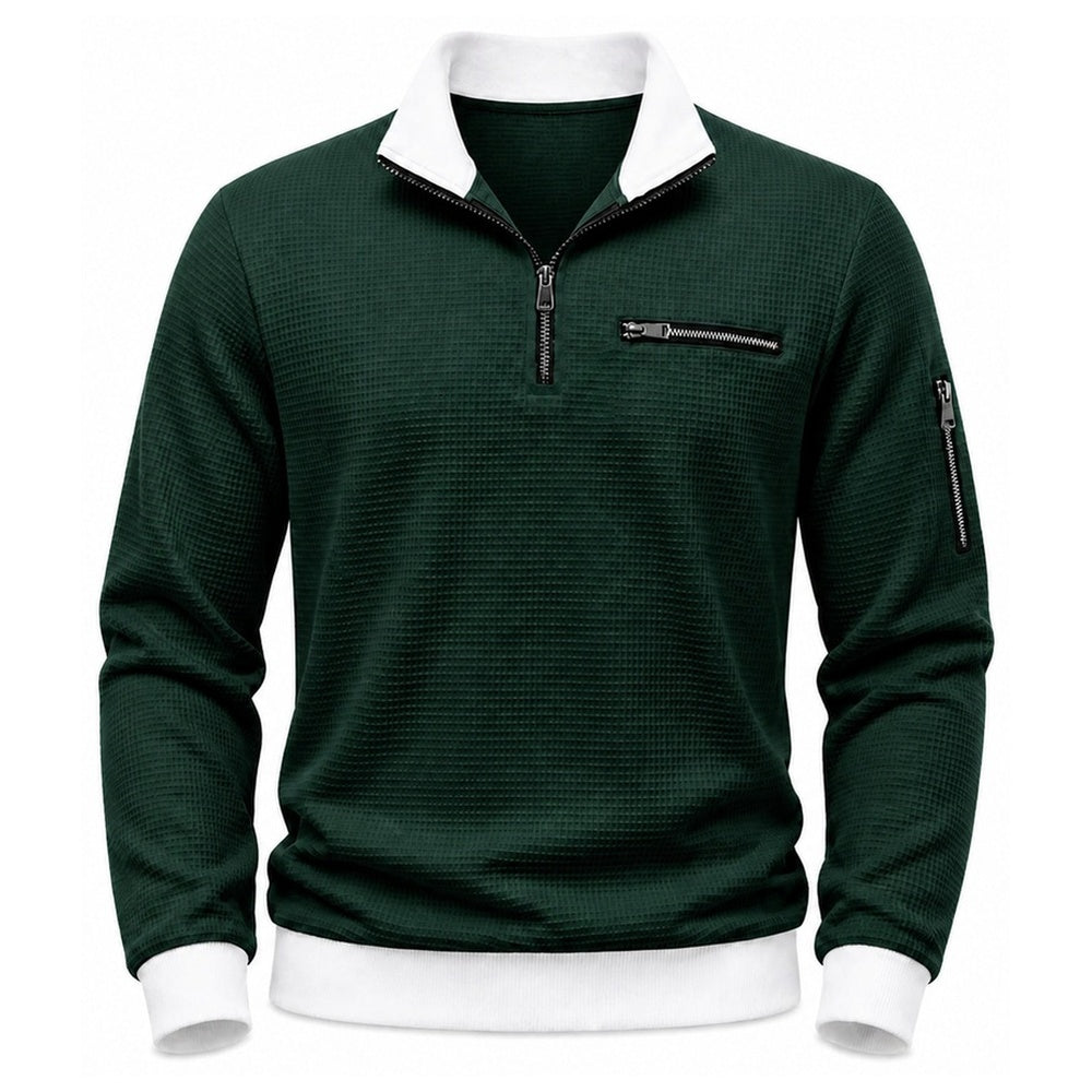 Vantage men's forest green waffle quarter-zip utility polo front view