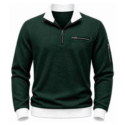 Vantage men's forest green waffle quarter-zip utility polo front view