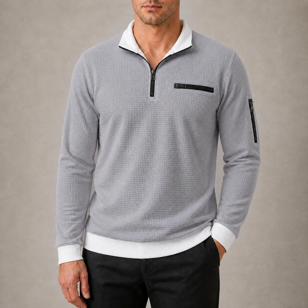 Vantage men's gray waffle quarter-zip utility polo try-on