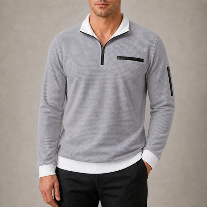 Vantage men's gray waffle quarter-zip utility polo try-on