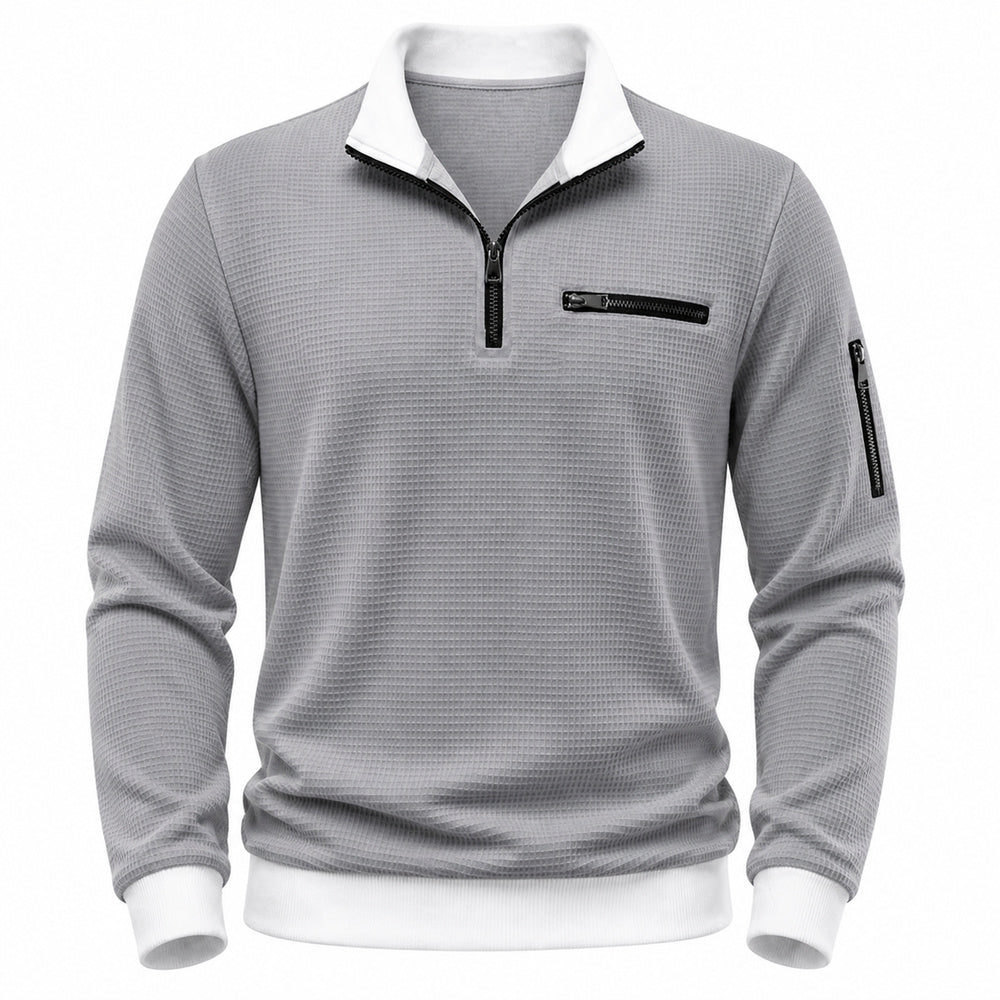 Vantage men's gray waffle quarter-zip utility polo front view