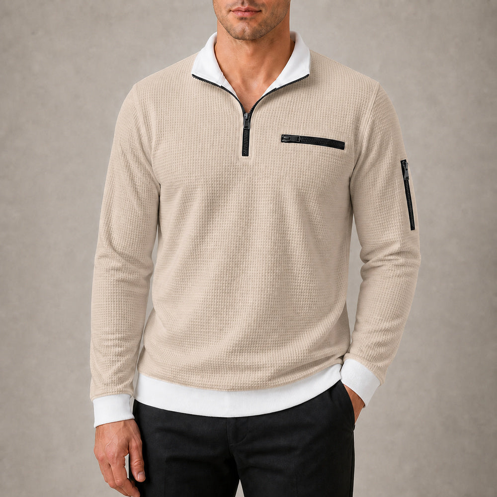 Vantage men's khaki waffle quarter-zip utility polo try-on