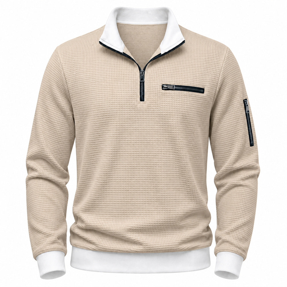 Vantage men's khaki waffle quarter-zip utility polo front view