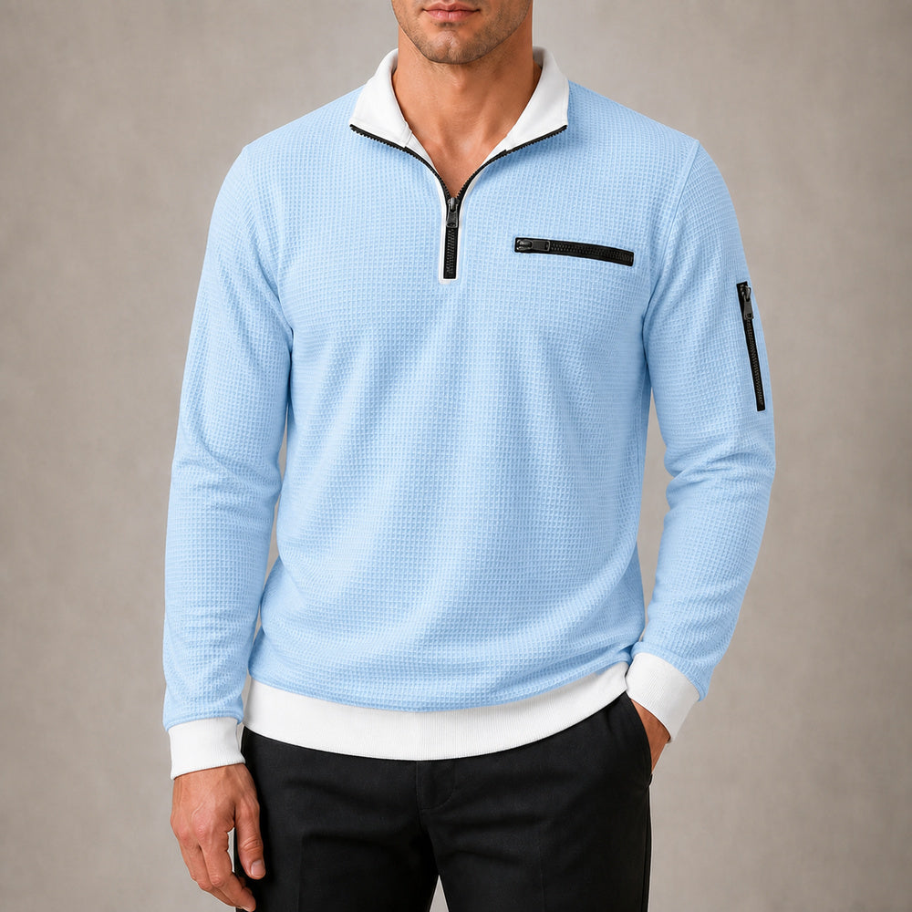 Vantage men's light blue waffle quarter-zip utility polo try-on