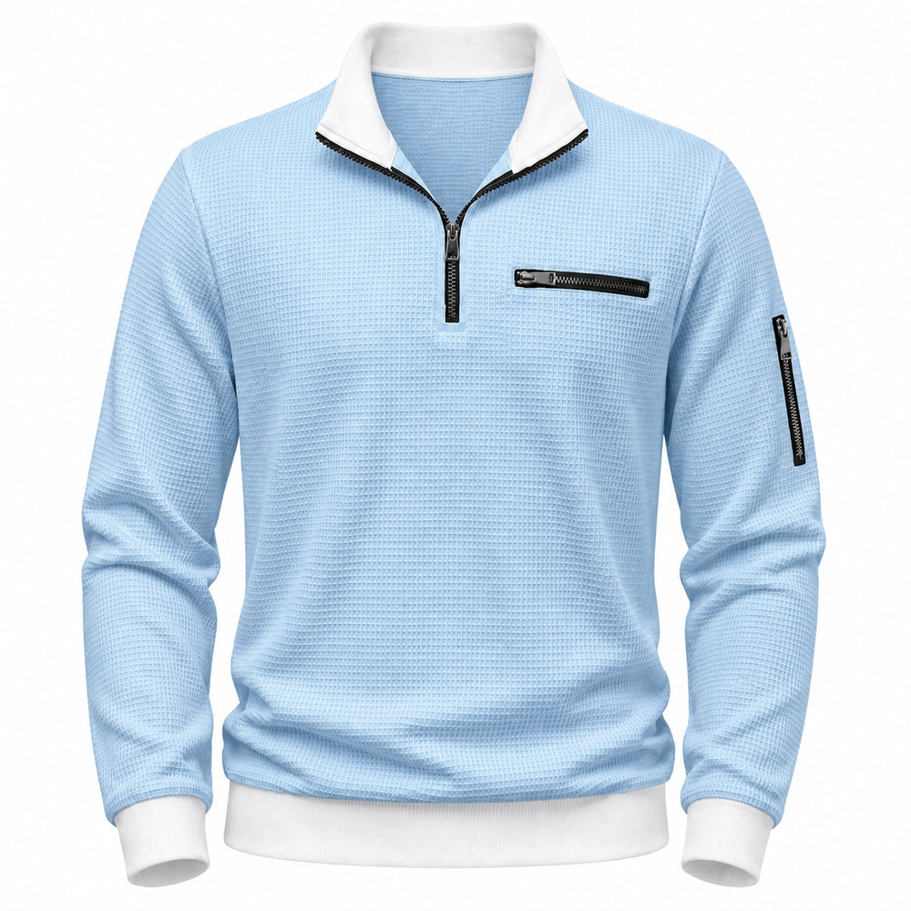Vantage men's light blue waffle quarter-zip utility polo front view