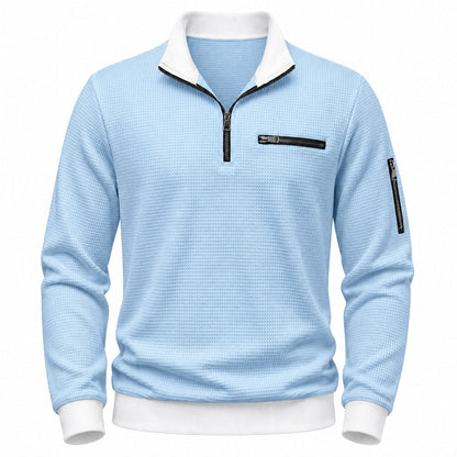 Vantage men's light blue waffle quarter-zip utility polo front view