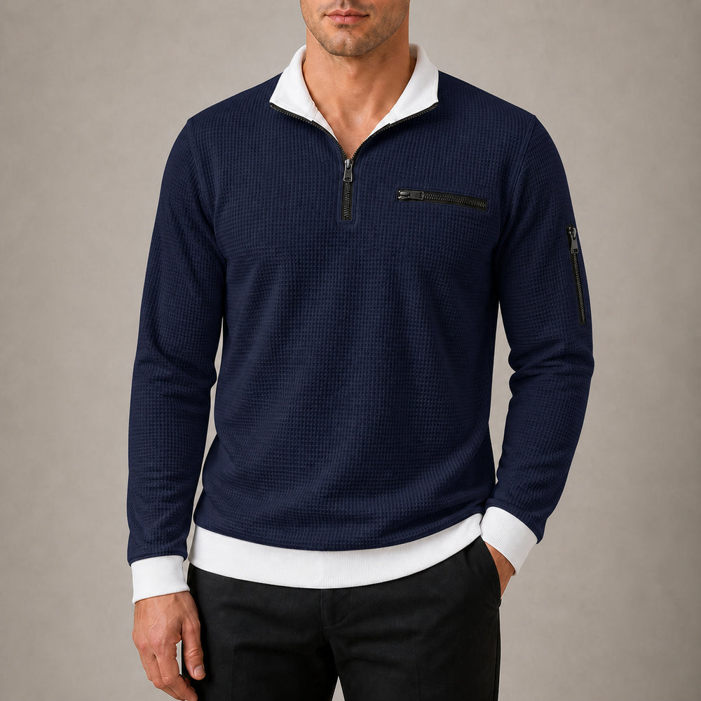 Vantage men's navy waffle quarter-zip utility polo try-on