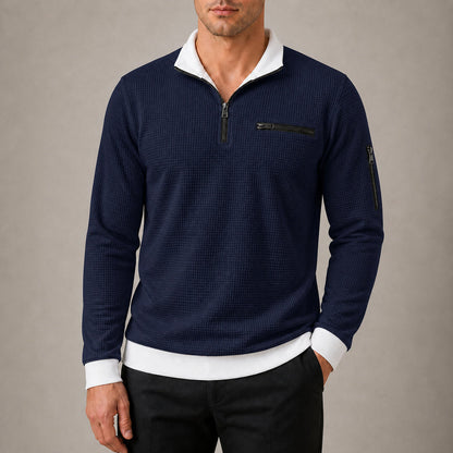Vantage men's navy waffle quarter-zip utility polo try-on