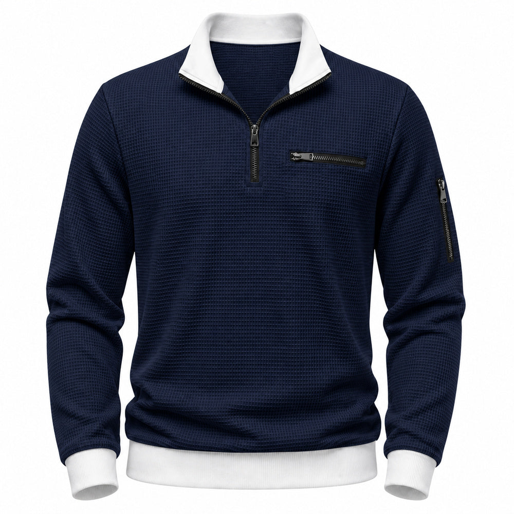 Vantage men's navy waffle quarter-zip utility polo front view