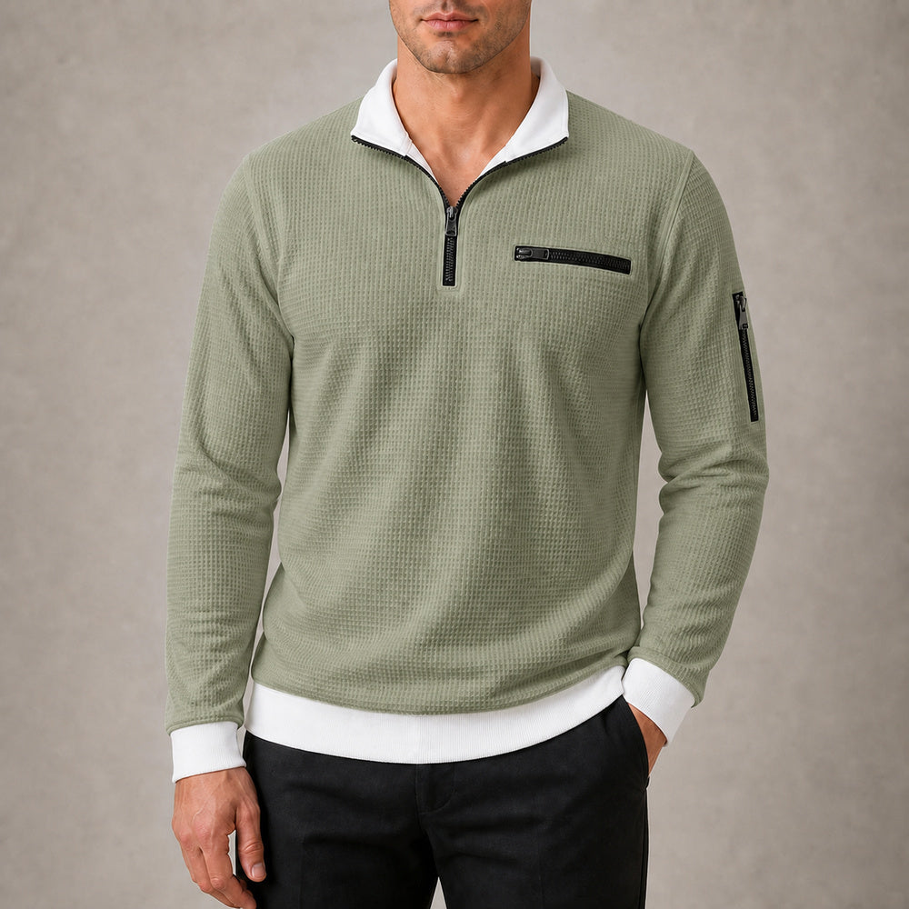 Vantage men's sage waffle quarter-zip utility polo try-on