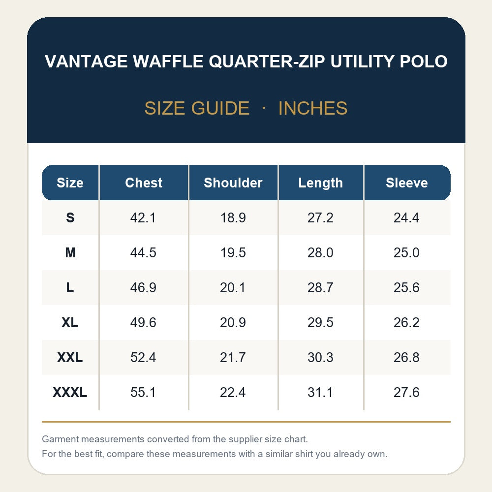 Vantage men's waffle quarter-zip utility polo size chart in inches