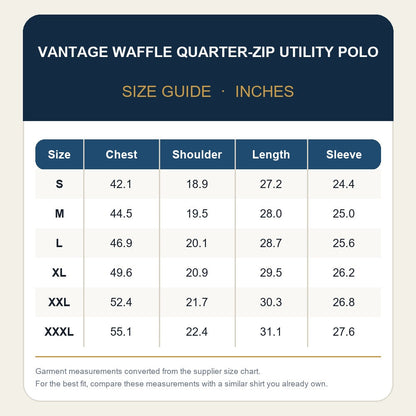 Vantage men's waffle quarter-zip utility polo size chart in inches