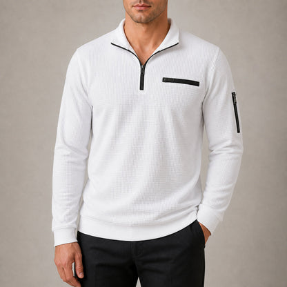 Vantage men's white waffle quarter-zip utility polo try-on
