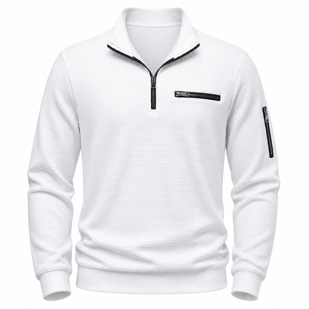 Vantage men's white waffle quarter-zip utility polo front view