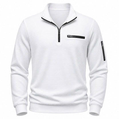 Vantage men's white waffle quarter-zip utility polo front view