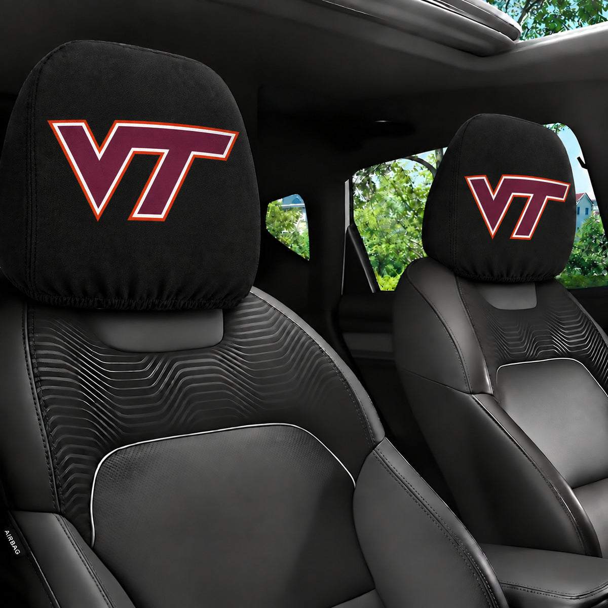 Virginia Tech Hokies car headrest cover, Style 1 team design, installed in car