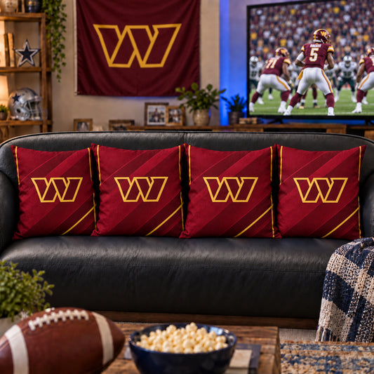 Matching Washington Commanders sofa cushion covers shown in a living-room styling example