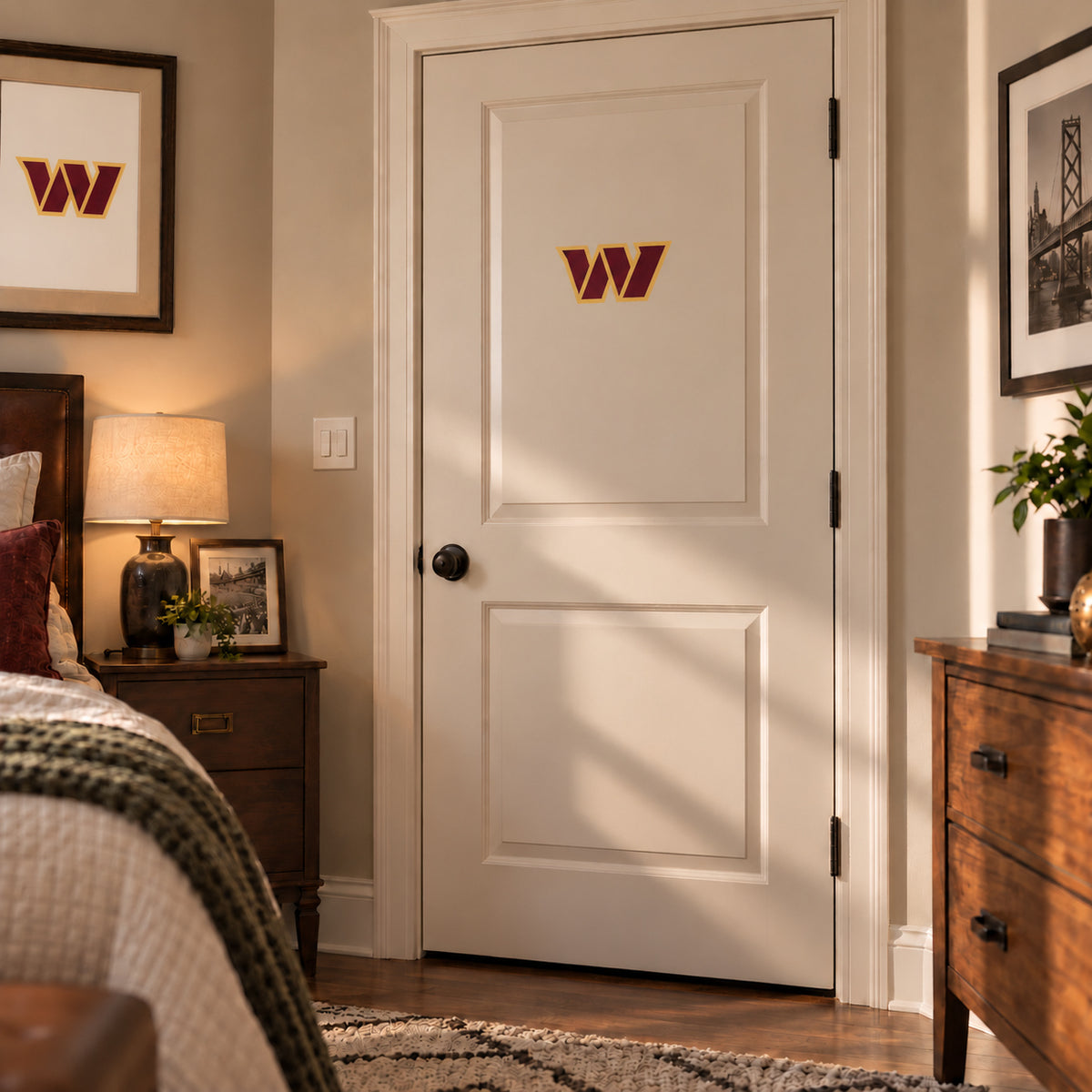 Washington Commanders decorative sticker on an interior door, corrected 29 cm proportion