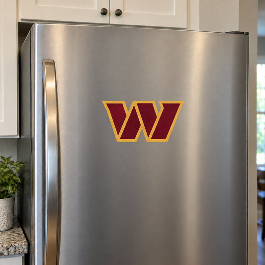 Washington Commanders decorative sticker displayed on a stainless-steel refrigerator