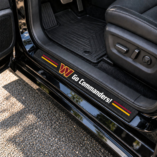 Washington Commanders carbon fiber texture car door sill protector strips installed on a black car