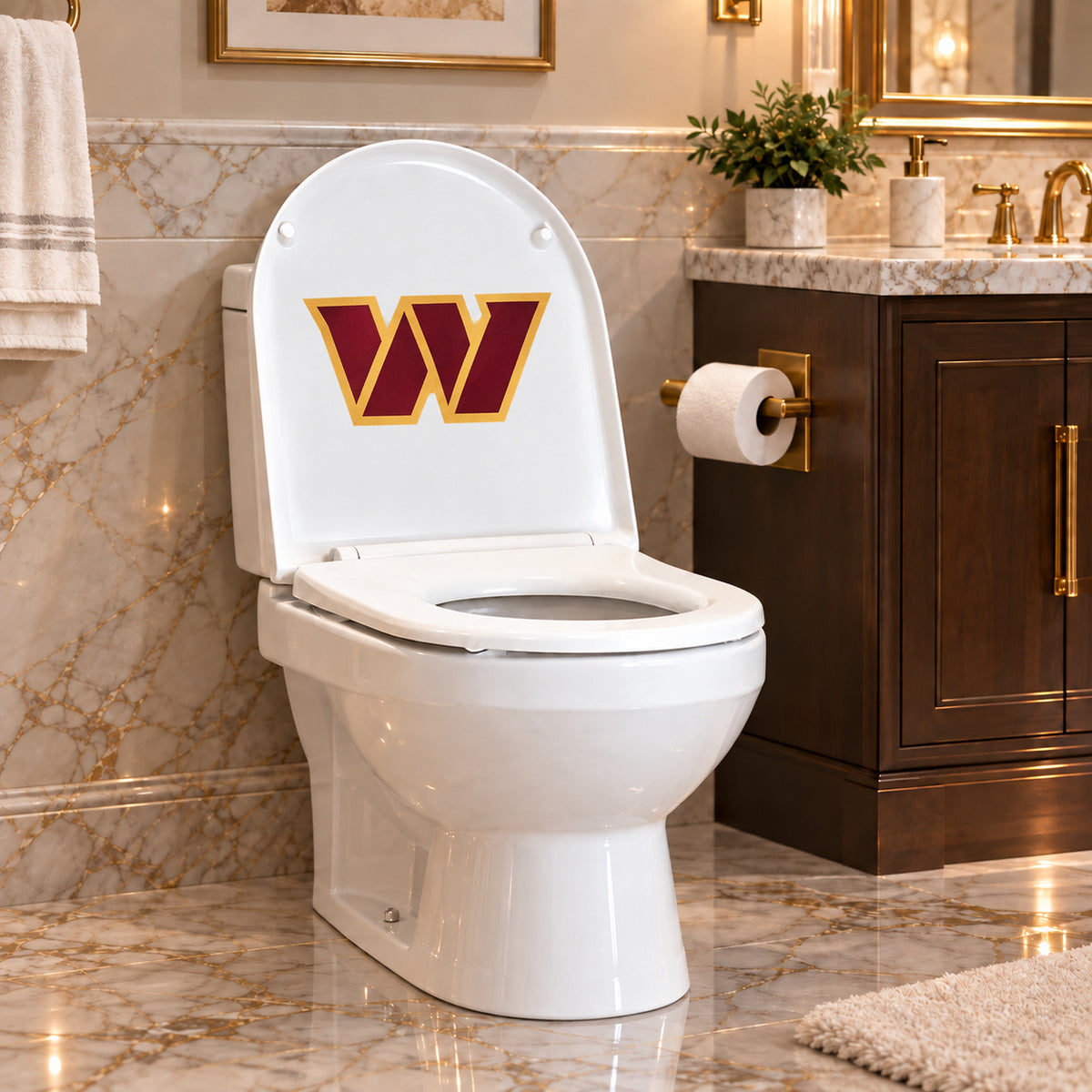 Washington Commanders decorative sticker on the inside of a white toilet lid in a marble bathroom