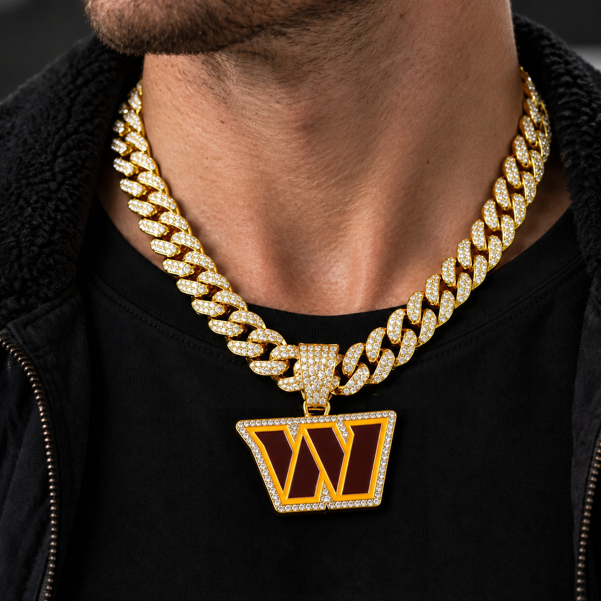 Washington Commanders gold-tone rhinestone Cuban-link necklace, worn view