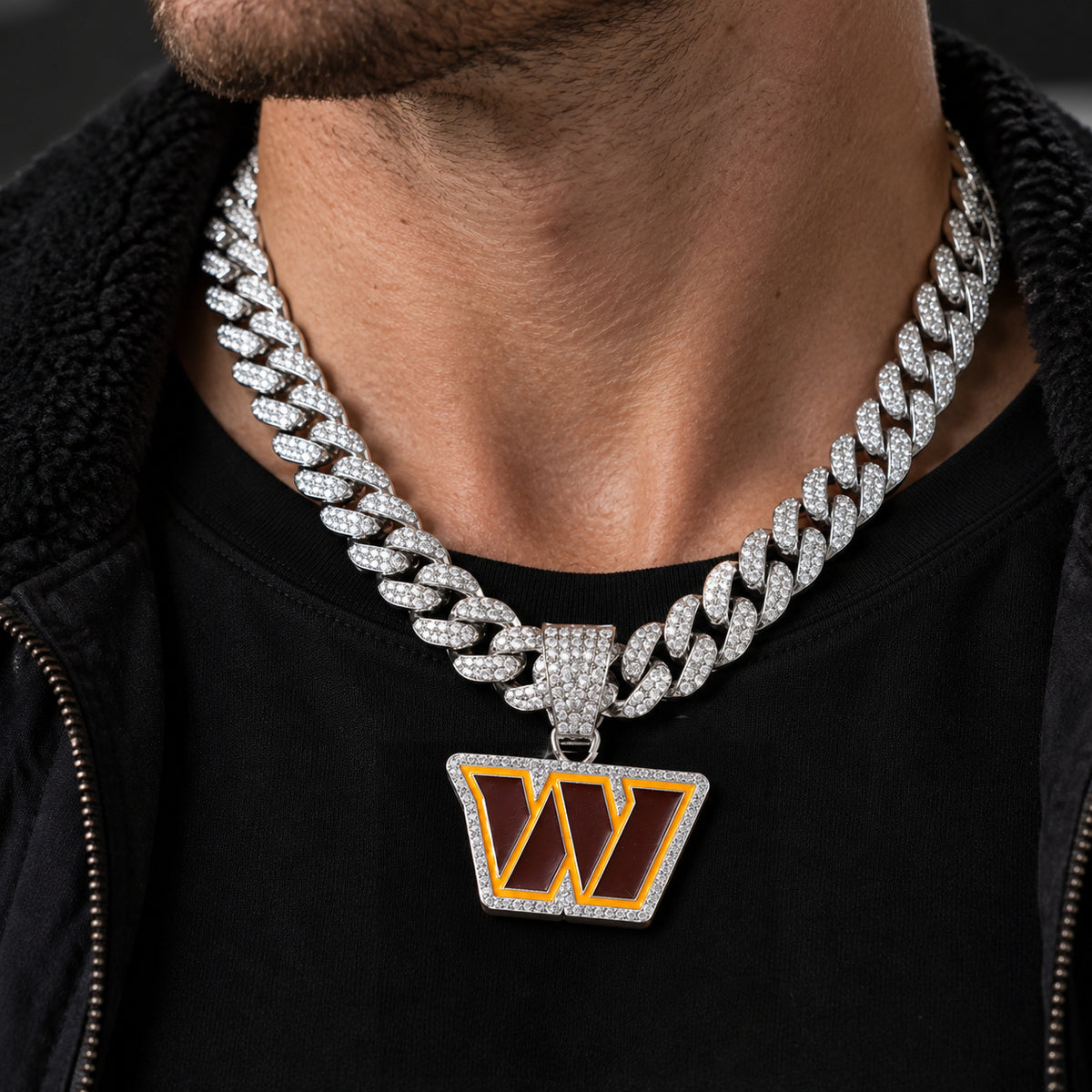 Washington Commanders silver-tone rhinestone Cuban-link necklace, worn view