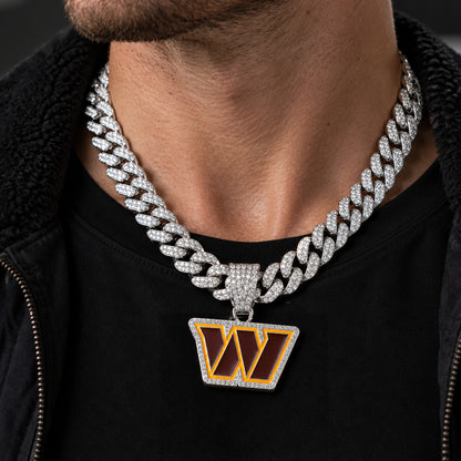 Washington Commanders silver-tone rhinestone Cuban-link necklace, worn view