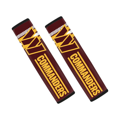 Pair of Washington Commanders seat belt and backpack shoulder strap covers on a white background