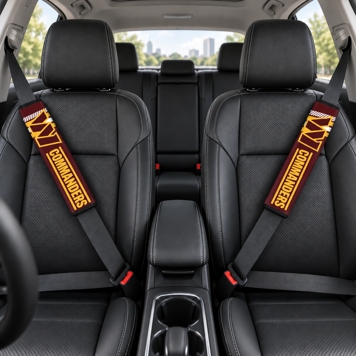 Washington Commanders car seat belt covers shown on two front seat belts
