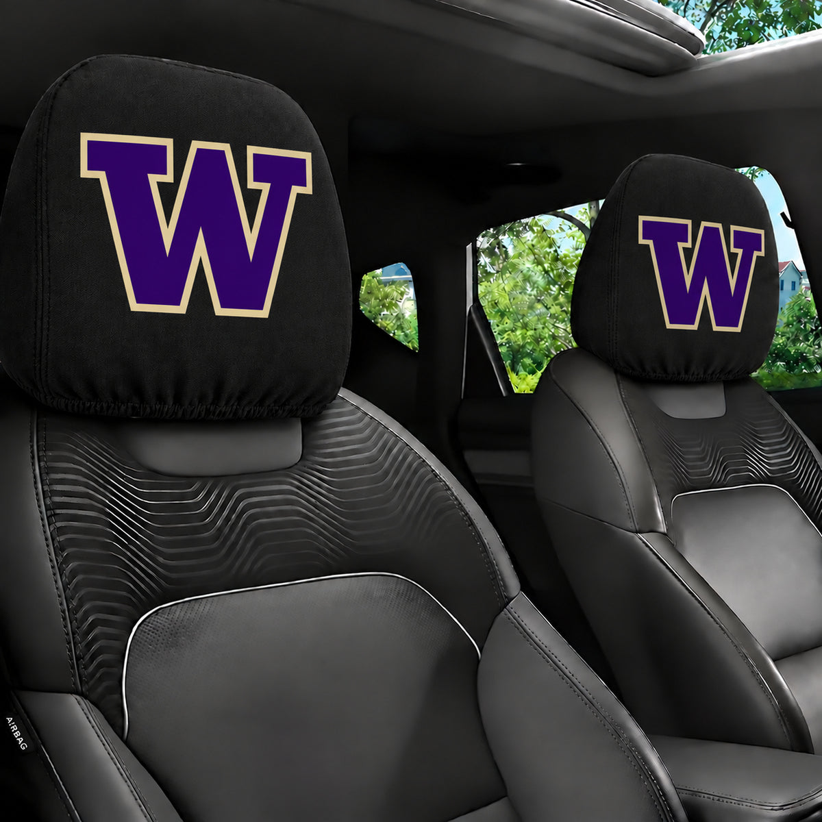 Washington Huskies car headrest cover, Style 1 team design, installed in car