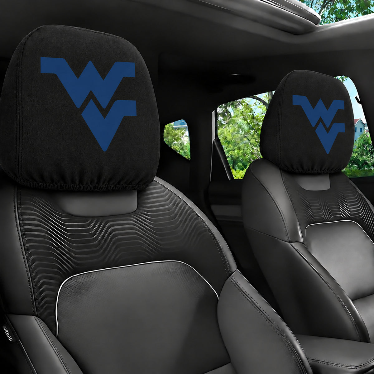 West Virginia Mountaineers car headrest cover, Style 1 team design, installed in car
