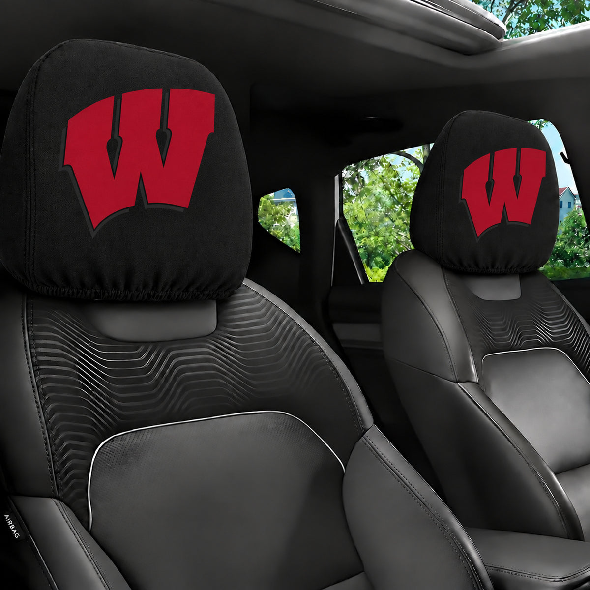 Wisconsin Badgers car headrest cover, Style 1 team design, installed in car